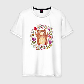 Мужская футболка хлопок с принтом Мишка в Санкт-Петербурге, 100% хлопок | прямой крой, круглый вырез горловины, длина до линии бедер, слегка спущенное плечо. | дикое животное | животное | медведь | мишка | рисунок | цветы