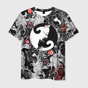 Мужская футболка 3D с принтом Инь-Янь Котики в Санкт-Петербурге, 100% полиэфир | прямой крой, круглый вырез горловины, длина до линии бедер | домашние животные | животные | инь янь | котики | милость | растение | цветы