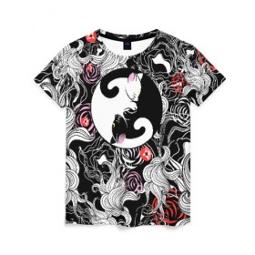 Женская футболка 3D с принтом Инь-Янь Котики в Санкт-Петербурге, 100% полиэфир ( синтетическое хлопкоподобное полотно) | прямой крой, круглый вырез горловины, длина до линии бедер | домашние животные | животные | инь янь | котики | милость | растение | цветы