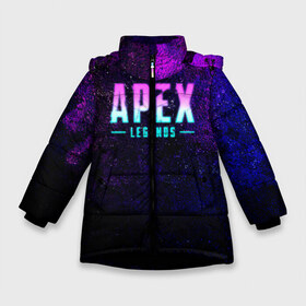 Зимняя куртка для девочек 3D с принтом Apex Legends Neon logo в Санкт-Петербурге, ткань верха — 100% полиэстер; подклад — 100% полиэстер, утеплитель — 100% полиэстер. | длина ниже бедра, удлиненная спинка, воротник стойка и отстегивающийся капюшон. Есть боковые карманы с листочкой на кнопках, утяжки по низу изделия и внутренний карман на молнии. 

Предусмотрены светоотражающий принт на спинке, радужный светоотражающий элемент на пуллере молнии и на резинке для утяжки. | apex | apex legends | bangalor | bloodhound | caustic | crypto | gibraltar | legends | lifeline | logo | mirage | neon | pathfinder | titanfall | watson | wraith | апекс | неон