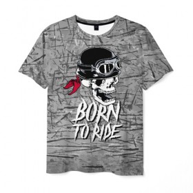 Мужская футболка 3D с принтом Born to ride в Санкт-Петербурге, 100% полиэфир | прямой крой, круглый вырез горловины, длина до линии бедер | bandana | grin | helmet | jaw | metal | skull | teeth | бандана | зубы | каска | металл | оскал | очки | череп