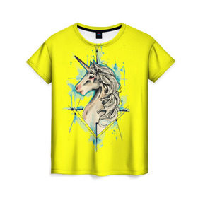 Женская футболка 3D с принтом Единорог Yellow Unicorn в Санкт-Петербурге, 100% полиэфир ( синтетическое хлопкоподобное полотно) | прямой крой, круглый вырез горловины, длина до линии бедер | unicorn | yellow unicorn | единорог | единорожки | животные | лошади