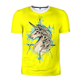 Мужская футболка 3D спортивная с принтом Единорог Yellow Unicorn в Санкт-Петербурге, 100% полиэстер с улучшенными характеристиками | приталенный силуэт, круглая горловина, широкие плечи, сужается к линии бедра | unicorn | yellow unicorn | единорог | единорожки | животные | лошади