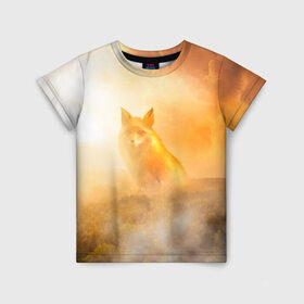 Детская футболка 3D с принтом Лисичка в тумане в Санкт-Петербурге, 100% гипоаллергенный полиэфир | прямой крой, круглый вырез горловины, длина до линии бедер, чуть спущенное плечо, ткань немного тянется | animals | forest | fox | арт | животное | лес | лиса | лисичка | облака | рисунок | рыжая лиса | туман