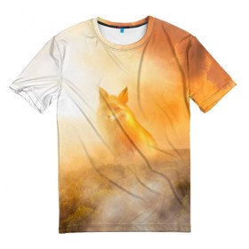 Мужская футболка 3D с принтом Лисичка в тумане в Санкт-Петербурге, 100% полиэфир | прямой крой, круглый вырез горловины, длина до линии бедер | animals | forest | fox | арт | животное | лес | лиса | лисичка | облака | рисунок | рыжая лиса | туман