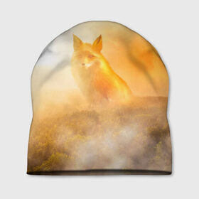 Шапка 3D с принтом Лисичка в тумане в Санкт-Петербурге, 100% полиэстер | универсальный размер, печать по всей поверхности изделия | animals | forest | fox | арт | животное | лес | лиса | лисичка | облака | рисунок | рыжая лиса | туман