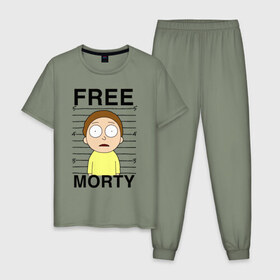 Мужская пижама хлопок с принтом Free Morty в Санкт-Петербурге, 100% хлопок | брюки и футболка прямого кроя, без карманов, на брюках мягкая резинка на поясе и по низу штанин
 | c 137 | morty | morty smith | portal | rick | rick and morty | rick sanchez | sanchez | smith | морти | морти смит | портал | рик | рик и морти | рик санчез | санчез | смит