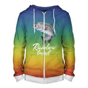 Мужская толстовка 3D на молнии с принтом Rainbow trout в Санкт-Петербурге, 100% полиэстер | длина до линии бедра, манжеты и пояс оформлены мягкой тканевой резинкой, двухслойный капюшон со шнурком для регулировки, спереди молния, по бокам два кармана | 