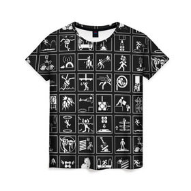 Женская футболка 3D с принтом Portal icons в Санкт-Петербурге, 100% полиэфир ( синтетическое хлопкоподобное полотно) | прямой крой, круглый вырез горловины, длина до линии бедер | half life | головоломка | иконки | пиктограммы | портал | телепорт