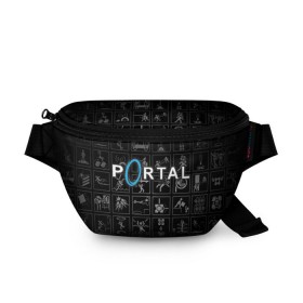 Поясная сумка 3D с принтом Portal icons в Санкт-Петербурге, 100% полиэстер | плотная ткань, ремень с регулируемой длиной, внутри несколько карманов для мелочей, основное отделение и карман с обратной стороны сумки застегиваются на молнию | half life | головоломка | иконки | пиктограммы | портал | телепорт