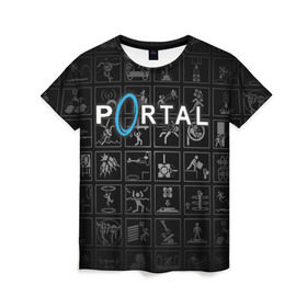 Женская футболка 3D с принтом Portal icons в Санкт-Петербурге, 100% полиэфир ( синтетическое хлопкоподобное полотно) | прямой крой, круглый вырез горловины, длина до линии бедер | half life | головоломка | иконки | пиктограммы | портал | телепорт