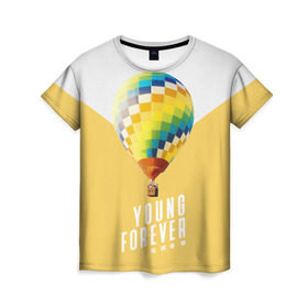 Женская футболка 3D с принтом BTS Young Forever в Санкт-Петербурге, 100% полиэфир ( синтетическое хлопкоподобное полотно) | прямой крой, круглый вырез горловины, длина до линии бедер | balloon | bangtan boys | beyond the scene | boyband | boys | bts | chin | chonguk | edm | emblem | hip hop | jimin | jj hope | k pop | logo | rb | rm | shuga | south korean | wee | бойбенд | ви | воздушный шар | джей хоуп | логотип | мальчики | сюга
