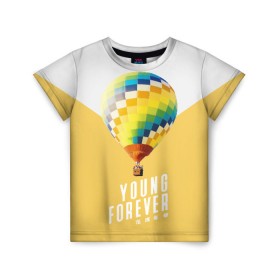 Детская футболка 3D с принтом BTS Young Forever в Санкт-Петербурге, 100% гипоаллергенный полиэфир | прямой крой, круглый вырез горловины, длина до линии бедер, чуть спущенное плечо, ткань немного тянется | balloon | bangtan boys | beyond the scene | boyband | boys | bts | chin | chonguk | edm | emblem | hip hop | jimin | jj hope | k pop | logo | rb | rm | shuga | south korean | wee | бойбенд | ви | воздушный шар | джей хоуп | логотип | мальчики | сюга