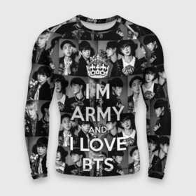 Мужской рашгард 3D с принтом I am army and I lover BTS в Санкт-Петербурге,  |  | Тематика изображения на принте: bangtan boys | beyond the scene | boyband | boys | bts | chin | chonguk | collage | crown | edm | flowers | hip hop | jimin | jj hope | k pop | photo | r  b | rm | south korean | suga | wee | бойбенд | ви | джей хоуп | коллаж | корона | мальчики | с