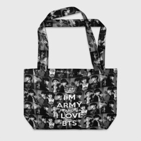 Пляжная сумка 3D с принтом I am army and I lover BTS в Санкт-Петербурге, 100% полиэстер | застегивается на металлическую кнопку; внутренний карман застегивается на молнию. Стенки укреплены специальным мягким материалом, чтобы защитить содержимое от несильных ударов
 | bangtan boys | beyond the scene | boyband | boys | bts | chin | chonguk | collage | crown | edm | flowers | hip hop | jimin | jj hope | k pop | photo | r  b | rm | south korean | suga | wee | бойбенд | ви | джей хоуп | коллаж | корона | мальчики | с