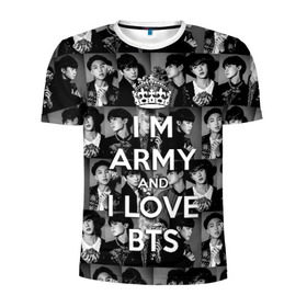 Мужская футболка 3D спортивная с принтом I am army and I lover BTS в Санкт-Петербурге, 100% полиэстер с улучшенными характеристиками | приталенный силуэт, круглая горловина, широкие плечи, сужается к линии бедра | Тематика изображения на принте: bangtan boys | beyond the scene | boyband | boys | bts | chin | chonguk | collage | crown | edm | flowers | hip hop | jimin | jj hope | k pop | photo | r  b | rm | south korean | suga | wee | бойбенд | ви | джей хоуп | коллаж | корона | мальчики | с