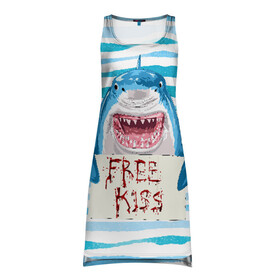 Платье-майка 3D с принтом Free Kiss в Санкт-Петербурге, 100% полиэстер | полуприлегающий силуэт, широкие бретели, круглый вырез горловины, удлиненный подол сзади. | free kiss | акула | бесплатные поцелуи | вода | кровь | море | объявление | острые зубы | поцелуй | рыба | табличка | хищник