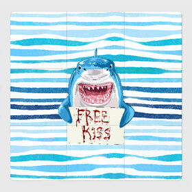 Магнитный плакат 3Х3 с принтом Free Kiss в Санкт-Петербурге, Полимерный материал с магнитным слоем | 9 деталей размером 9*9 см | free kiss | акула | бесплатные поцелуи | вода | кровь | море | объявление | острые зубы | поцелуй | рыба | табличка | хищник