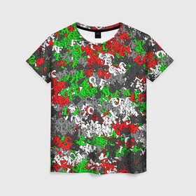Женская футболка 3D с принтом Камуфляж с буквами FCLM в Санкт-Петербурге, 100% полиэфир ( синтетическое хлопкоподобное полотно) | прямой крой, круглый вырез горловины, длина до линии бедер | зеленый | клуб | красно зеленый | красный | локо | локомотив | москва | паттерн