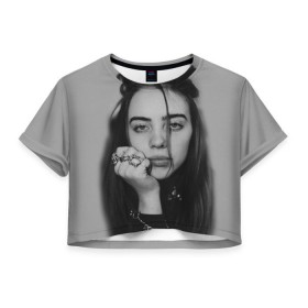 Женская футболка Cropp-top с принтом BILLIE EILISH в Санкт-Петербурге, 100% полиэстер | круглая горловина, длина футболки до линии талии, рукава с отворотами | Тематика изображения на принте: ayelish | bad guy | bellyache | bilie eilish | bilie elish | billie | billie eilish | eilish | electronic | elish | music | били айлиш | билли айлиш | эйлиш | элиш