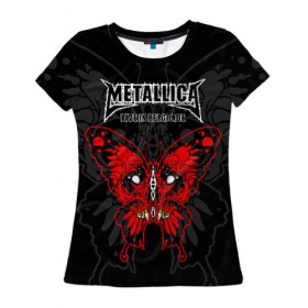 Женская футболка 3D с принтом Metallica в Санкт-Петербурге, 100% полиэфир ( синтетическое хлопкоподобное полотно) | прямой крой, круглый вырез горловины, длина до линии бедер | american | butterfly | devil | fangs | james hetfield | kirk hammett | metal band | metallica | music | mystic | red | rock | skull | vampire | американская | бабочка | вампир | джеймс хетфилд | дьявол | кирк хэмметт | клыки | красная | ларс ульрих | мета