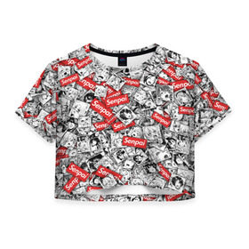 Женская футболка Cropp-top с принтом Senpai ahegao в Санкт-Петербурге, 100% полиэстер | круглая горловина, длина футболки до линии талии, рукава с отворотами | ahegao | anime | manga | senpai | аниме | ахегао | манга | паттерн | сенпай