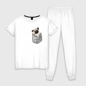 Женская пижама хлопок с принтом Мопс в кармане в Санкт-Петербурге, 100% хлопок | брюки и футболка прямого кроя, без карманов, на брюках мягкая резинка на поясе и по низу штанин | Тематика изображения на принте: pug | карман | карманный мопс | малыш | милый | мопс | пес | песик | собака | собачка