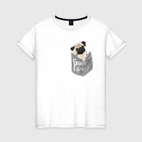 Женская футболка хлопок с принтом Мопс в кармане в Санкт-Петербурге, 100% хлопок | прямой крой, круглый вырез горловины, длина до линии бедер, слегка спущенное плечо | pug | карман | карманный мопс | малыш | милый | мопс | пес | песик | собака | собачка