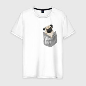 Мужская футболка хлопок с принтом Мопс в кармане в Санкт-Петербурге, 100% хлопок | прямой крой, круглый вырез горловины, длина до линии бедер, слегка спущенное плечо. | Тематика изображения на принте: pug | карман | карманный мопс | малыш | милый | мопс | пес | песик | собака | собачка