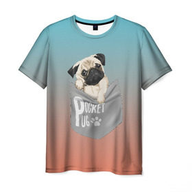 Мужская футболка 3D с принтом Карманный мопс в Санкт-Петербурге, 100% полиэфир | прямой крой, круглый вырез горловины, длина до линии бедер | Тематика изображения на принте: pug | карман | карманный мопс | малыш | милый | мопс | пес | песик | собака | собачка