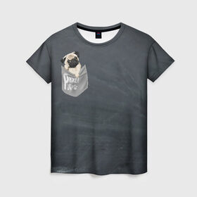 Женская футболка 3D с принтом Карманный мопс в Санкт-Петербурге, 100% полиэфир ( синтетическое хлопкоподобное полотно) | прямой крой, круглый вырез горловины, длина до линии бедер | pug | карман | карманный мопс | малыш | милый | мопс | пес | песик | собака | собачка