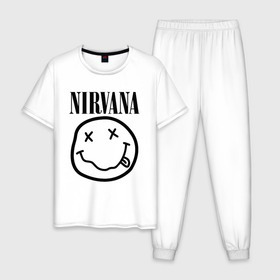 Мужская пижама хлопок с принтом NIRVANA в Санкт-Петербурге, 100% хлопок | брюки и футболка прямого кроя, без карманов, на брюках мягкая резинка на поясе и по низу штанин
 | nirvana | smile | курт кобейн | нирвана | смайл