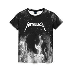 Женская футболка 3D с принтом METALLICA (НА СПИНЕ) в Санкт-Петербурге, 100% полиэфир ( синтетическое хлопкоподобное полотно) | прямой крой, круглый вырез горловины, длина до линии бедер | Тематика изображения на принте: fire | flame | metallica | металлика | огонь | пламя