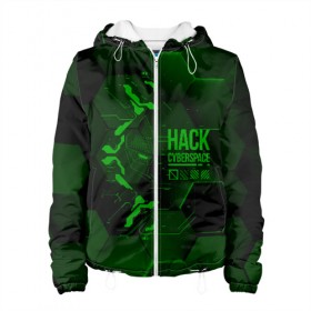 Женская куртка 3D с принтом Hack Cyberspace в Санкт-Петербурге, ткань верха — 100% полиэстер, подклад — флис | прямой крой, подол и капюшон оформлены резинкой с фиксаторами, два кармана без застежек по бокам, один большой потайной карман на груди. Карман на груди застегивается на липучку | cyberpunk | hack | hack cyberspace | hacker | абстракция | взлом | микросхема | минимализм | программер | программист | сеть | хакер