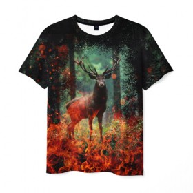 Мужская футболка 3D с принтом Олень в горящем лесу Сибири в Санкт-Петербурге, 100% полиэфир | прямой крой, круглый вырез горловины, длина до линии бедер | животные | лес | огонь | олень | пламы | пожар | сибирь
