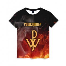 Женская футболка 3D с принтом POWERWOLF в Санкт-Петербурге, 100% полиэфир ( синтетическое хлопкоподобное полотно) | прямой крой, круглый вырез горловины, длина до линии бедер | powerwolf | wolf | метал | пауэр метал. | повервольф | поверфульф | рок | хэви металб