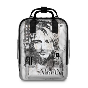 Женский рюкзак 3D с принтом Kurt Cobain в Санкт-Петербурге, 100% полиэстер | лямки с регулируемой длиной, сверху ручки, чтобы рюкзак нести как сумку. Основное отделение закрывается на молнию, как и внешний карман. Внутри два дополнительных кармана, один из которых закрывается на молнию. По бокам два дополнительных кармашка, куда поместится маленькая бутылочка
 | Тематика изображения на принте: bleach | blew | cobain | dave | geffen | hormoaning | in utero | incesticide | krist | kurt | nevermind | nirvana | novoselic | rock | vevo | геффен | курт кобейн | нирвана | рок