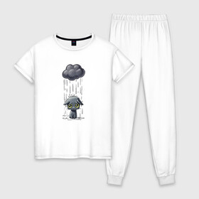 Женская пижама хлопок с принтом Грустный Котик в Санкт-Петербурге, 100% хлопок | брюки и футболка прямого кроя, без карманов, на брюках мягкая резинка на поясе и по низу штанин | грустный котик | дождь | котик | облако