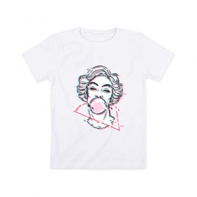 Детская футболка хлопок с принтом blowing bubble gum glitch в Санкт-Петербурге, 100% хлопок | круглый вырез горловины, полуприлегающий силуэт, длина до линии бедер | blowing | bubble gum | абстракция | глитч | девушка | жвачка | линии | мода | психоделика | пузырь