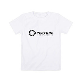 Детская футболка хлопок с принтом Aperture laboratorie (+ спина) в Санкт-Петербурге, 100% хлопок | круглый вырез горловины, полуприлегающий силуэт, длина до линии бедер | aperture | chell | half life | головоломка | испытуемый | портал | телепорт | челл