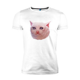 Мужская футболка премиум с принтом Плачущий кот в Санкт-Петербурге, 92% хлопок, 8% лайкра | приталенный силуэт, круглый вырез ворота, длина до линии бедра, короткий рукав | cat | crying | meme | кот | мем | плачущий