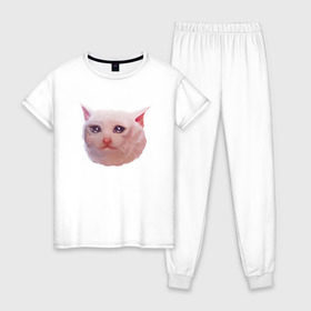 Женская пижама хлопок с принтом Плачущий кот в Санкт-Петербурге, 100% хлопок | брюки и футболка прямого кроя, без карманов, на брюках мягкая резинка на поясе и по низу штанин | cat | crying | meme | кот | мем | плачущий