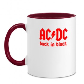 Кружка двухцветная с принтом AC/DC BACK IN BLACK в Санкт-Петербурге, керамика | объем — 330 мл, диаметр — 80 мм. Цветная ручка и кайма сверху, в некоторых цветах — вся внутренняя часть | ac dc | acdc | ас дс | асдс