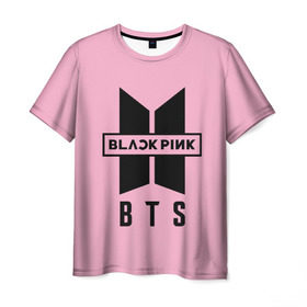 Мужская футболка 3D с принтом BTS and BLACKPINK в Санкт-Петербурге, 100% полиэфир | прямой крой, круглый вырез горловины, длина до линии бедер | bangtan boys | black | blackpink | bt21 | bts | k pop | pink | rose | блек пинк | блекпинк | блэк пинк | блэкпинк | бтс