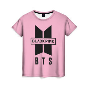 Женская футболка 3D с принтом BTS and BLACKPINK в Санкт-Петербурге, 100% полиэфир ( синтетическое хлопкоподобное полотно) | прямой крой, круглый вырез горловины, длина до линии бедер | bangtan boys | black | blackpink | bt21 | bts | k pop | pink | rose | блек пинк | блекпинк | блэк пинк | блэкпинк | бтс