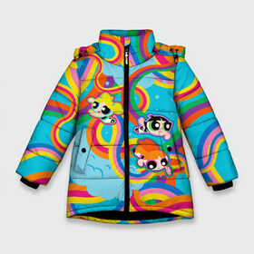 Зимняя куртка для девочек 3D с принтом Rainbow Powerpuff girls в Санкт-Петербурге, ткань верха — 100% полиэстер; подклад — 100% полиэстер, утеплитель — 100% полиэстер. | длина ниже бедра, удлиненная спинка, воротник стойка и отстегивающийся капюшон. Есть боковые карманы с листочкой на кнопках, утяжки по низу изделия и внутренний карман на молнии. 

Предусмотрены светоотражающий принт на спинке, радужный светоотражающий элемент на пуллере молнии и на резинке для утяжки. | powerpuff girls | ppg | бабблс | баттеркап | блоссом | крошки | крутые девчонки | лютик | пестик | пузырек | супер крошки | супергерой | таунсвиль | цветик