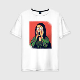 Женская футболка хлопок Oversize с принтом Мона Лиза в Санкт-Петербурге, 100% хлопок | свободный крой, круглый ворот, спущенный рукав, длина до линии бедер
 | fear | halloween | mona lisa | мона лиза | ужас | хеллоуин | хэллоуин