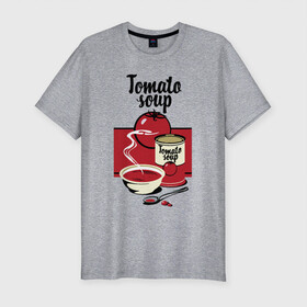 Мужская футболка хлопок Slim с принтом Томатный суп в Санкт-Петербурге, 92% хлопок, 8% лайкра | приталенный силуэт, круглый вырез ворота, длина до линии бедра, короткий рукав | flat | food | poster | retro | soup | spoon | steam | tomato | еда | ложка | пар | плакат | помидор | ретро | суп | тарелка