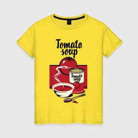Женская футболка хлопок с принтом Томатный суп в Санкт-Петербурге, 100% хлопок | прямой крой, круглый вырез горловины, длина до линии бедер, слегка спущенное плечо | flat | food | poster | retro | soup | spoon | steam | tomato | еда | ложка | пар | плакат | помидор | ретро | суп | тарелка
