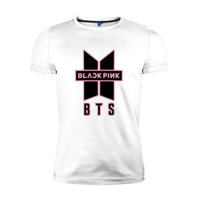 Мужская футболка премиум с принтом BTS and BLACKPINK в Санкт-Петербурге, 92% хлопок, 8% лайкра | приталенный силуэт, круглый вырез ворота, длина до линии бедра, короткий рукав | Тематика изображения на принте: bangtan boys | black | blackpink | bt21 | bts | k pop | pink | rose | блек пинк | блекпинк | блэк пинк | блэкпинк | бтс